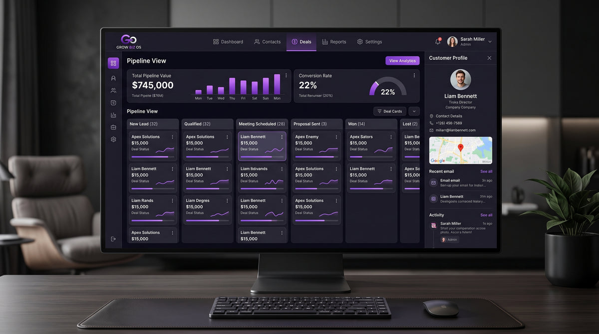Grow Biz OS CRM and business dashboard preview